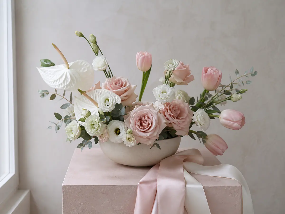 Blush, white and cream floral palette with coordinating silk ribbons
