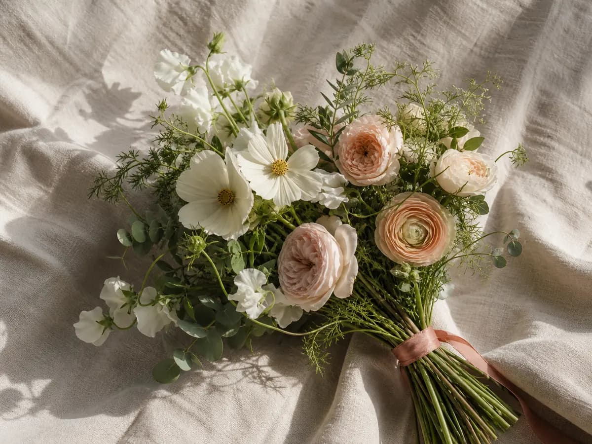 Loose hand-tied garden bouquet with exposed stems and flowers at varied heights