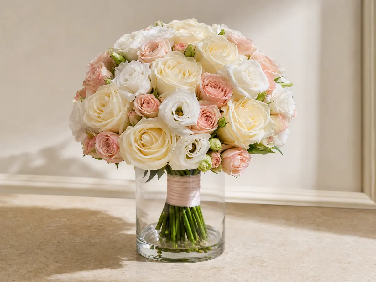 Compact round bridal bouquet of ivory and soft blush roses