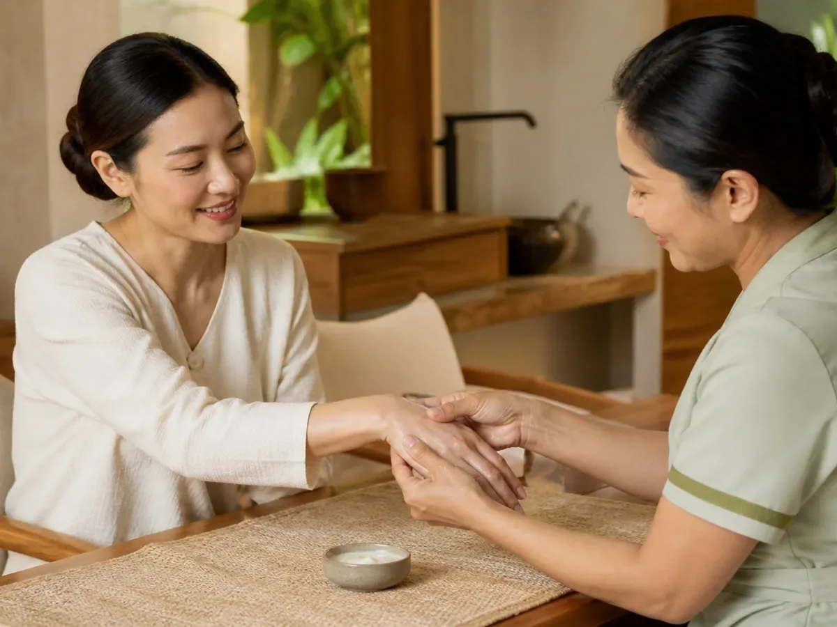 พนักงานสปานวดมือและดูแลเล็บให้ว่าที่เจ้าสาวที่โต๊ะไม้ในร้าน