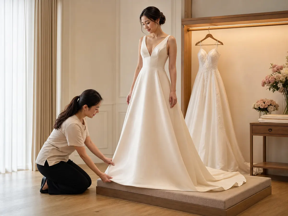 A seamstress kneeling to pin the hem of a gown while the bride stands on a fitting platform