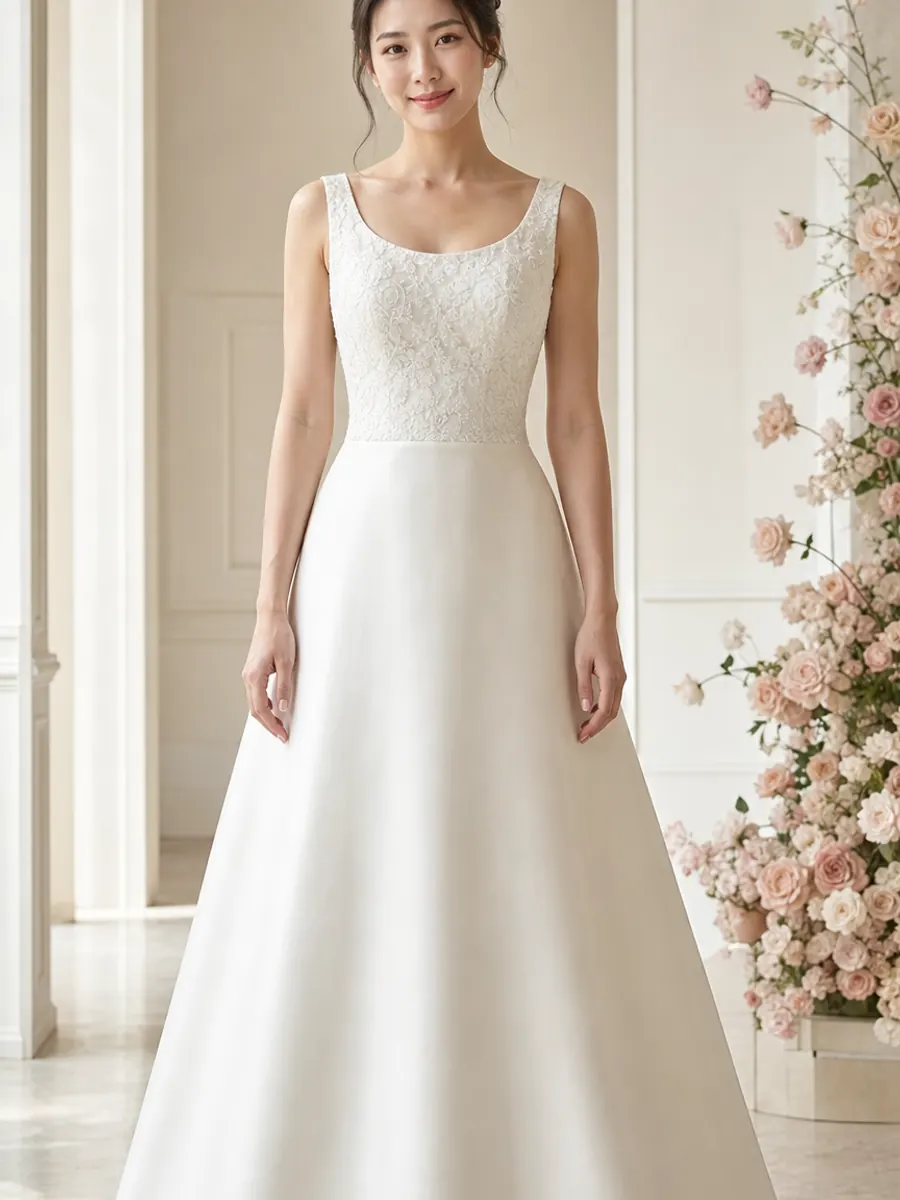 Thai bride in an A-line gown that widens gradually from the natural waist