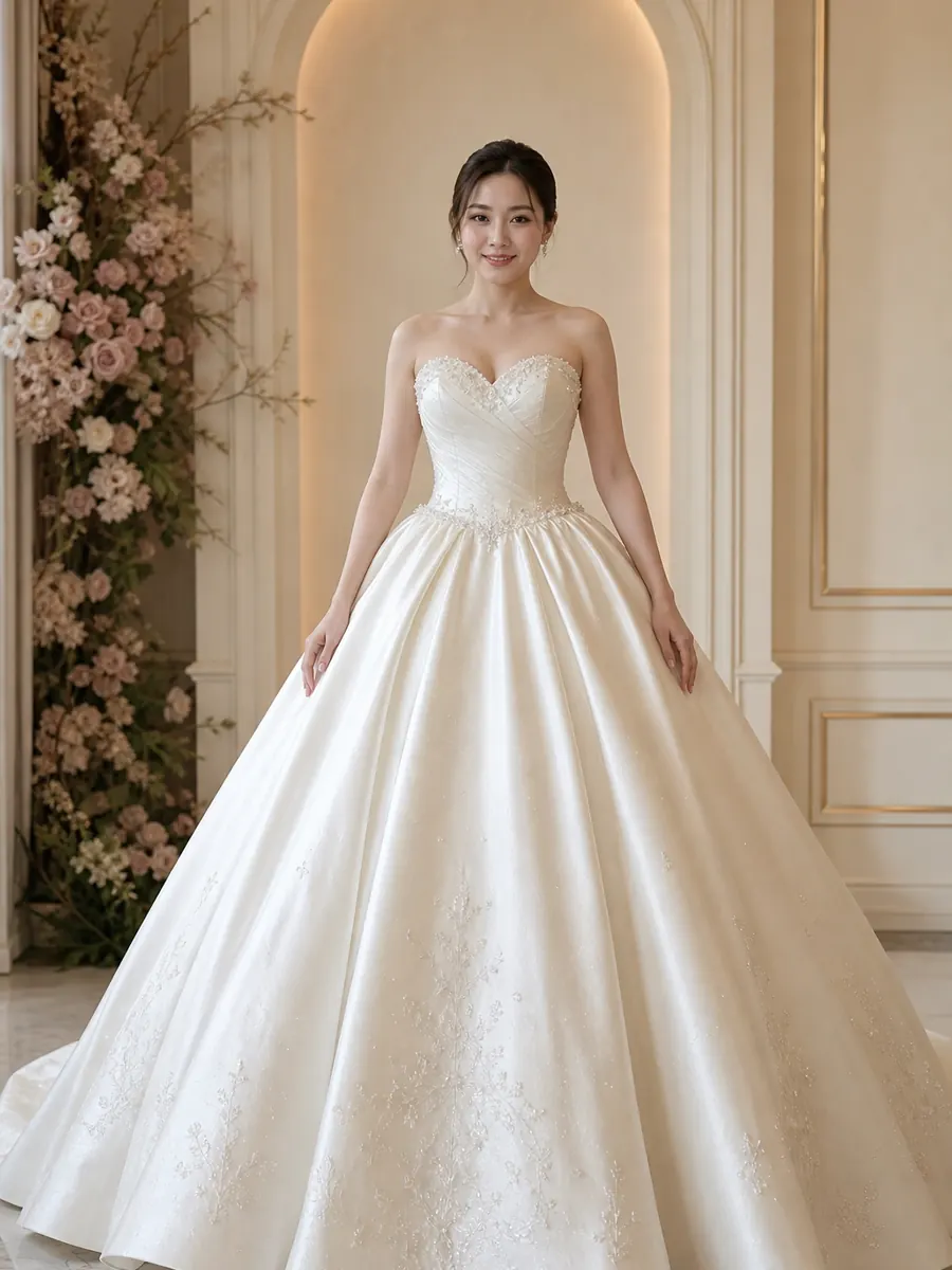 Thai bride in a structured ball gown with a dramatically full skirt