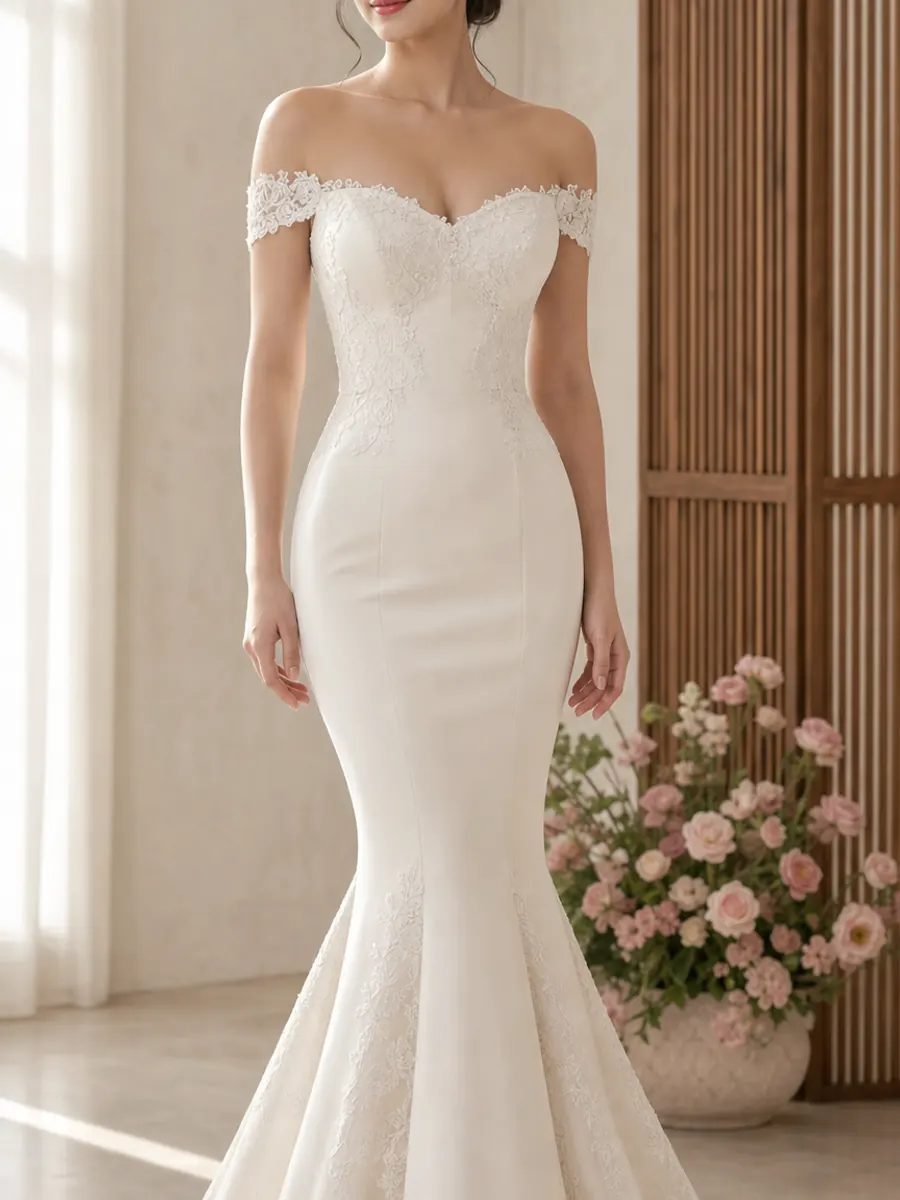 Thai bride in a fitted mermaid gown that flares clearly from the knees