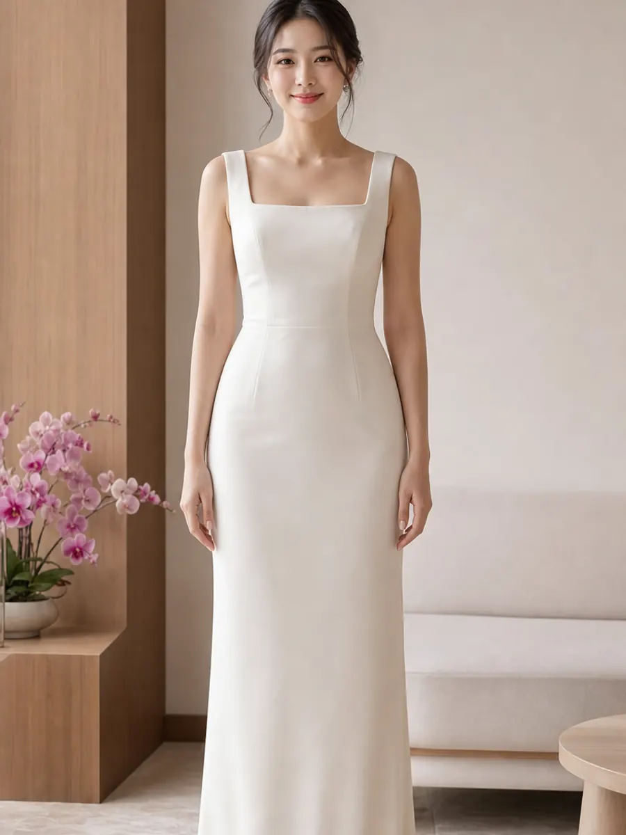 Thai bride in a minimalist sheath gown with a straight narrow silhouette