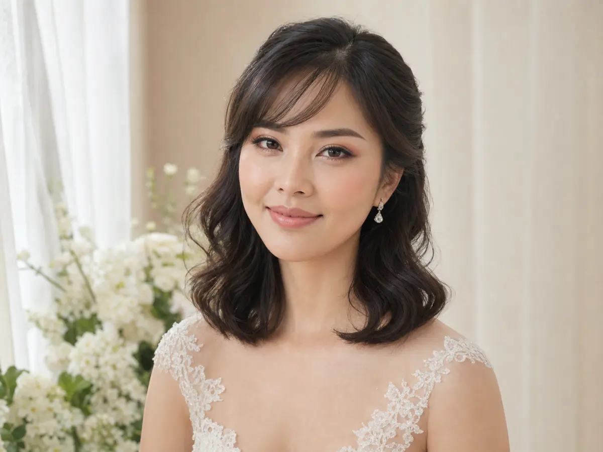 เจ้าสาวไทยหน้ารูปหัวใจกับผมลอนประบ่าและหน้าม้าปัดข้างที่เพิ่มสมดุลบริเวณคางและไหล่