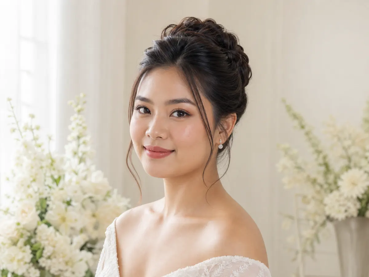 เจ้าสาวไทยหน้ากลมกับทรงเกล้าสูงมีเท็กซ์เจอร์และปอยผมบางที่ช่วยให้ใบหน้าดูยาวขึ้น