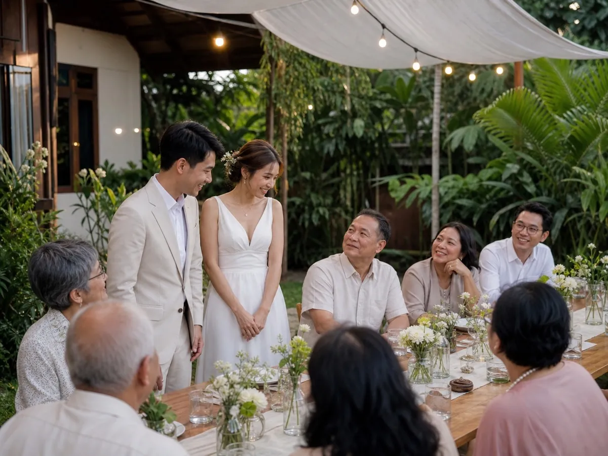 A bride and groom greeting a small group of seated older guests around a long table at a garden reception