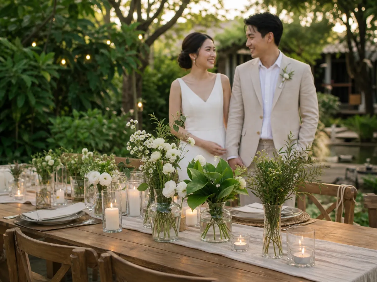 A couple standing behind a rustic wooden table dressed with candles and small glass vases of white blooms and greenery at dusk