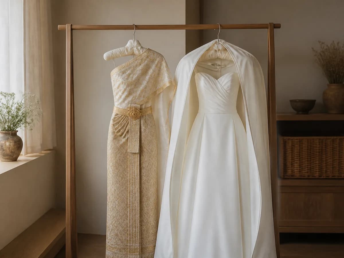 A rail in a bridal rental studio holding an ivory Thai silk wedding outfit next to a white gown