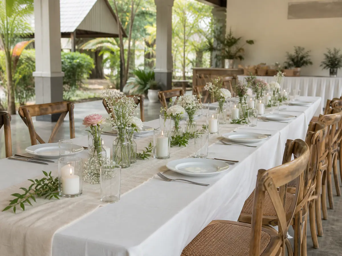 Budget-conscious wedding table styled with seasonal flowers, small glass vases, and simple wooden chairs