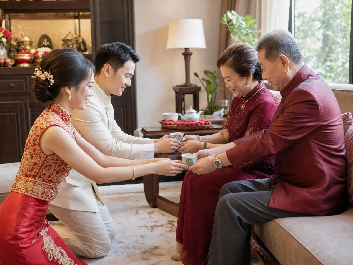 บ่าวสาวชุดไทย-จีนคุกเข่ายื่นถ้วยชาให้ผู้ใหญ่สองท่านที่นั่งรออยู่