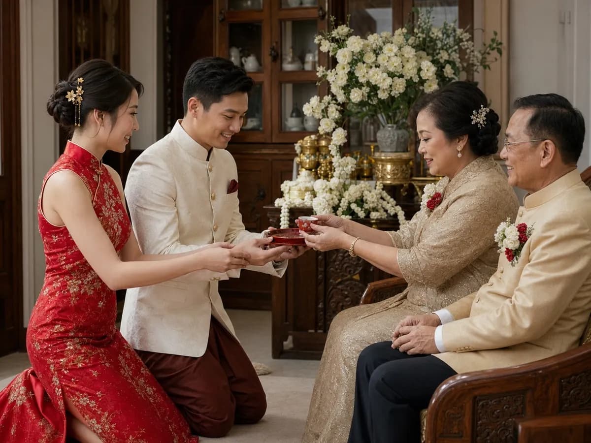 เจ้าสาวชุดกี่เพ้าแดงและเจ้าบ่าวประคองถาดแดงส่งถ้วยชาให้คุณแม่ที่นั่งอยู่ข้างคุณพ่อ