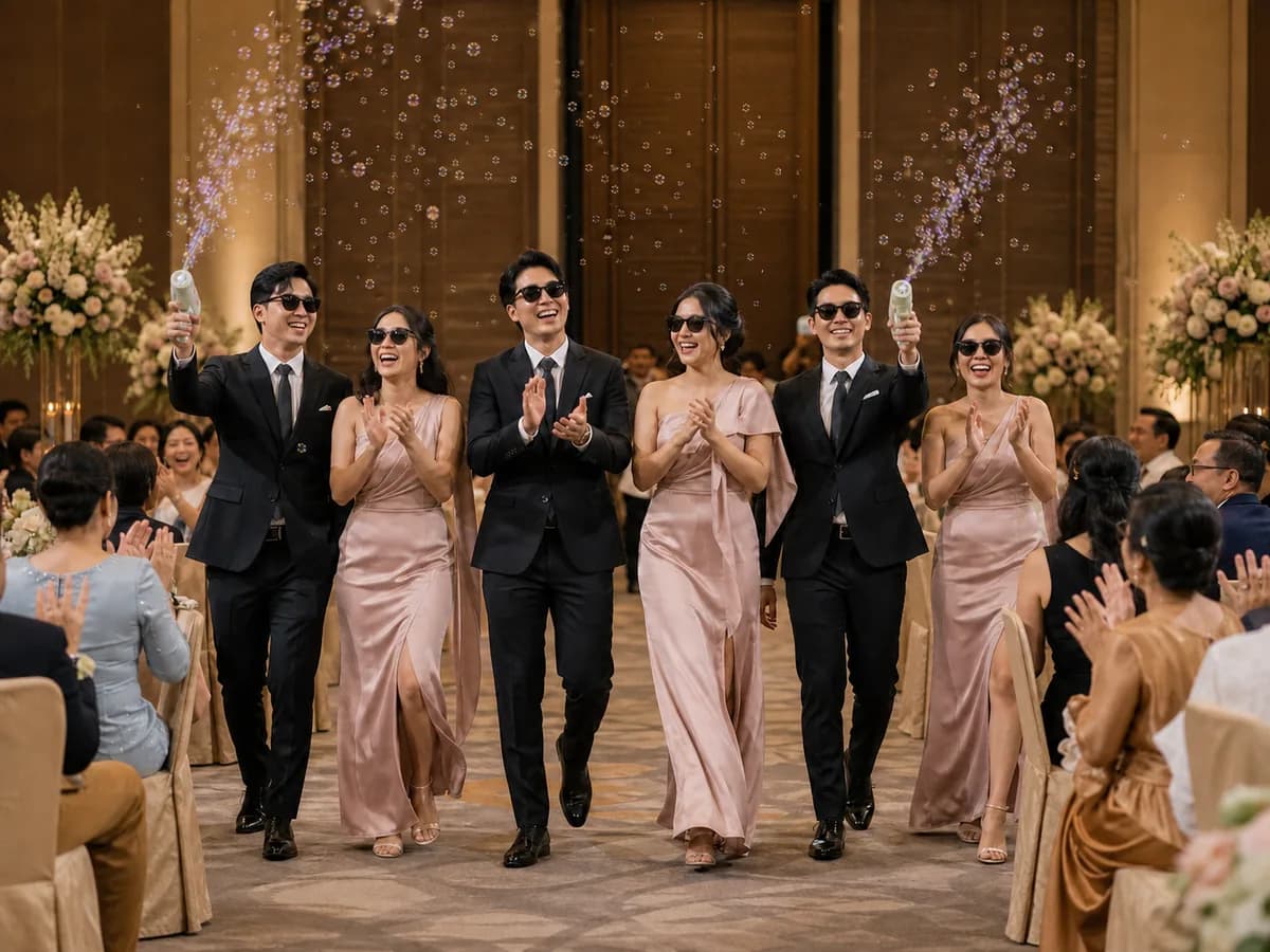 แก๊งเพื่อนเจ้าบ่าวเจ้าสาวสวมแว่นดำถือเครื่องเป่าฟองสบู่เดินนำขบวนเข้าห้องจัดเลี้ยง