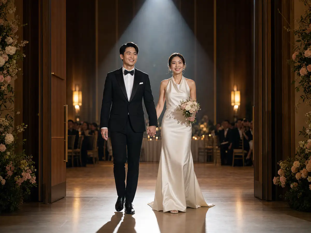 บ่าวสาวไทยเดินเข้าสู่ห้องบอลรูมผ่านประตูไม้ภายใต้ลำแสงสปอตไลต์กลางทางเดิน