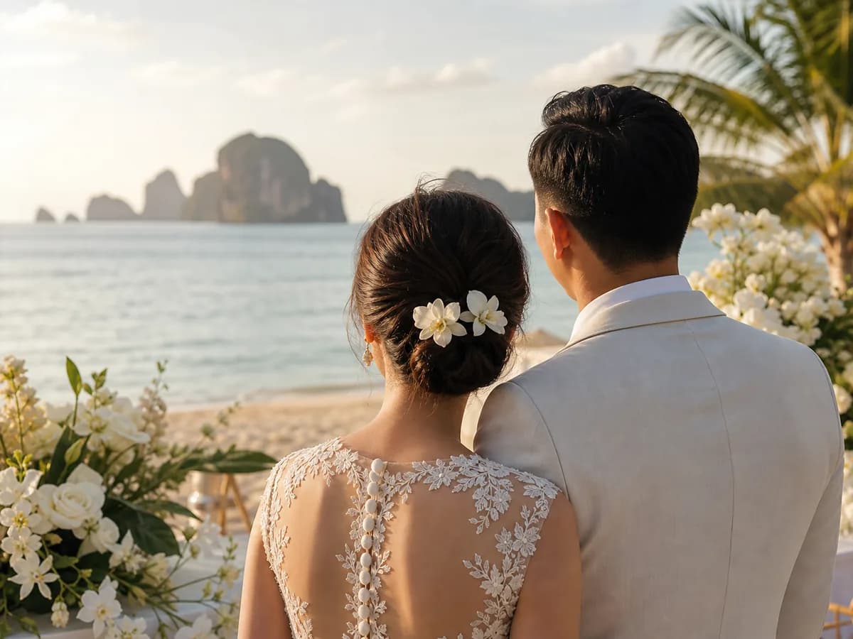 คู่บ่าวสาวมองออกไปยังทะเลอันดามันและเกาะหินปูนจากจุดจัดพิธีริมหาด