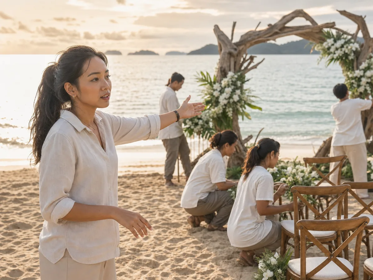 เวดดิ้งแพลนเนอร์ชี้จุดวางเก้าอี้ให้ทีมงานที่กำลังเซ็ตอัพพิธีริมหาด
