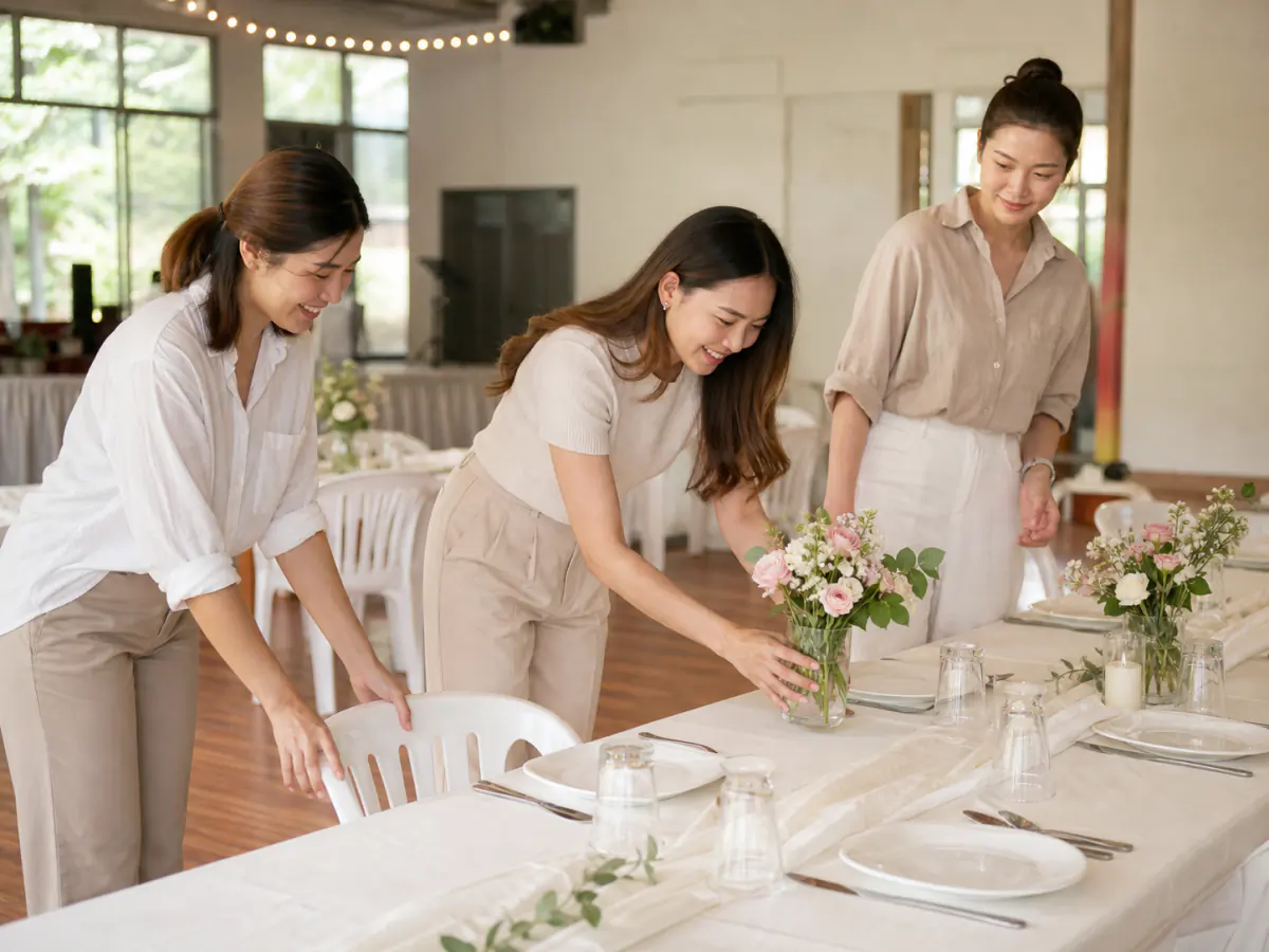 ทีมเพื่อนช่วยกันจัดโต๊ะและดอกไม้สำหรับงานแต่งแบบ DIY ในหอประชุมขนาดเล็ก