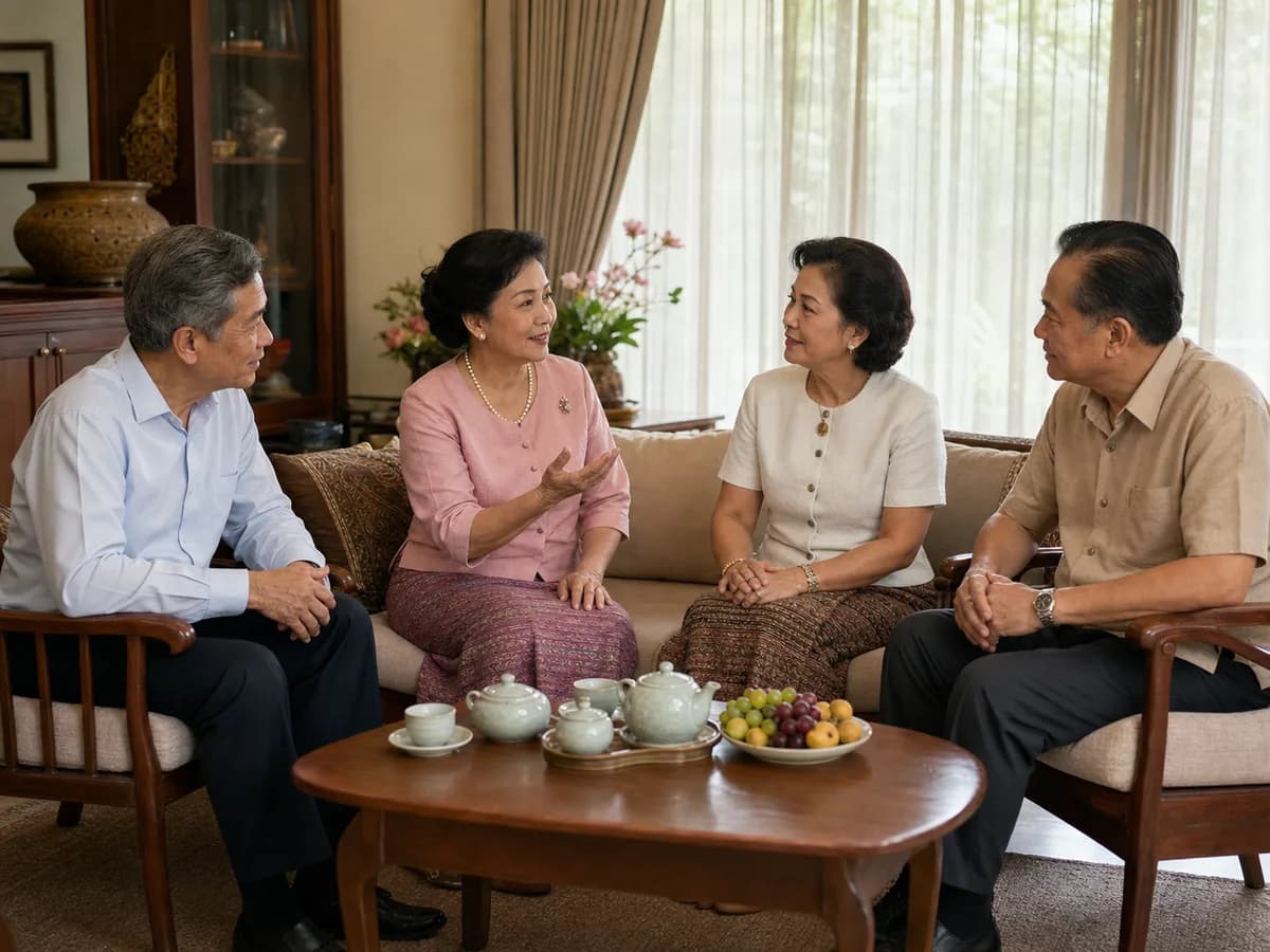 ผู้ใหญ่สองฝ่ายนั่งพูดคุยตกลงเรื่องสู่ขอและฤกษ์ในห้องรับแขก