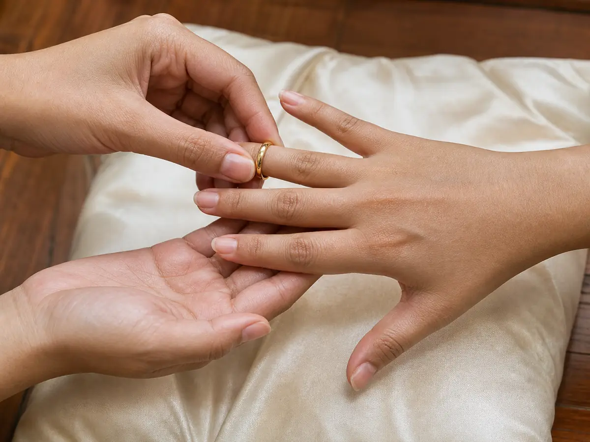 มือคู่รักไทยกำลังสวมแหวนหมั้นวงเดียวลงบนนิ้วนางอย่างระมัดระวัง