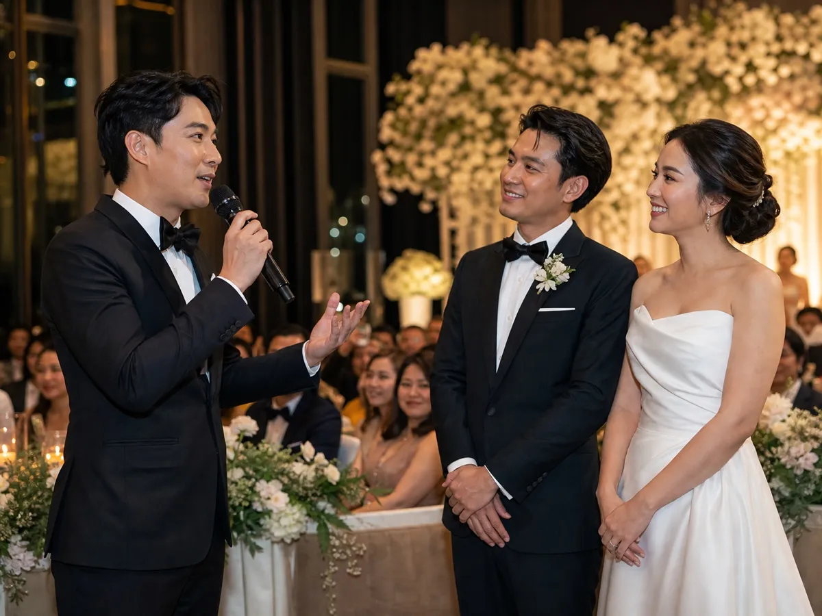 พิธีกรชุดทักซิโด้ถือไมค์พูดบนเวทีข้างคู่บ่าวสาวในงานเลี้ยงตอนค่ำ