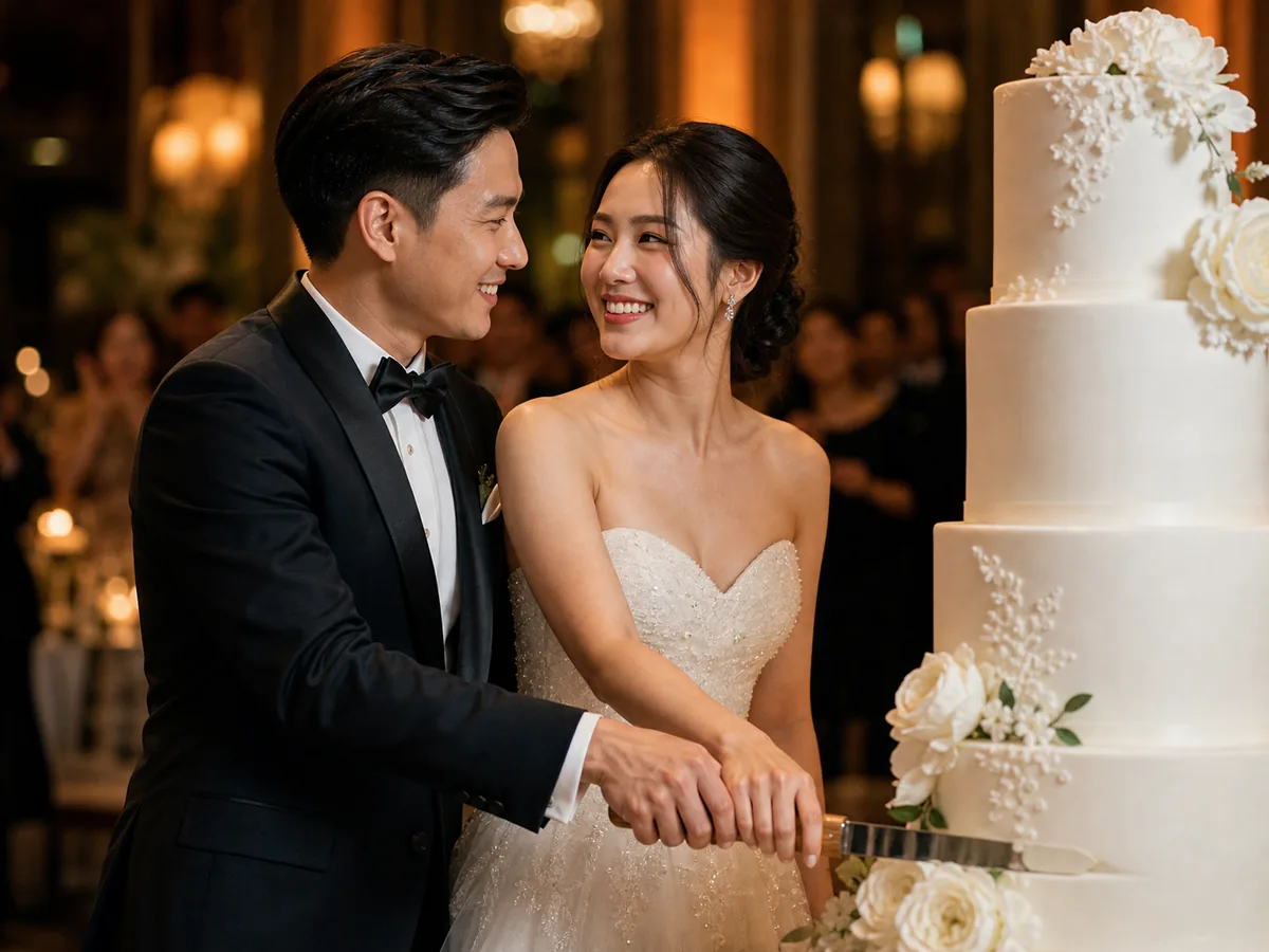 คู่บ่าวสาวจับมีดตัดเค้กแต่งงานสีขาวหลายชั้นด้วยกันในงานเลี้ยงค่ำ