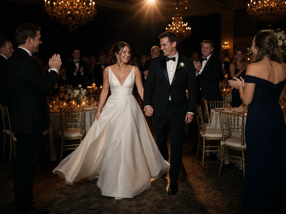 คู่บ่าวสาวจับมือกันเดินเข้างานเลี้ยงผ่านแถวโต๊ะกลม โดยแขกลุกขึ้นปรบมือต้อนรับ