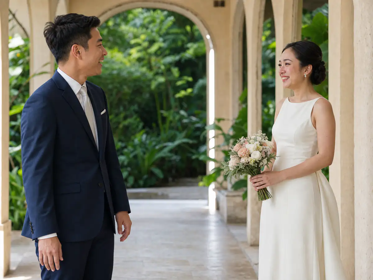 เจ้าบ่าวไทยหันมาเห็นเจ้าสาวในชุดแต่งงานเป็นครั้งแรกระหว่างคิว First Look ในสวนส่วนตัว