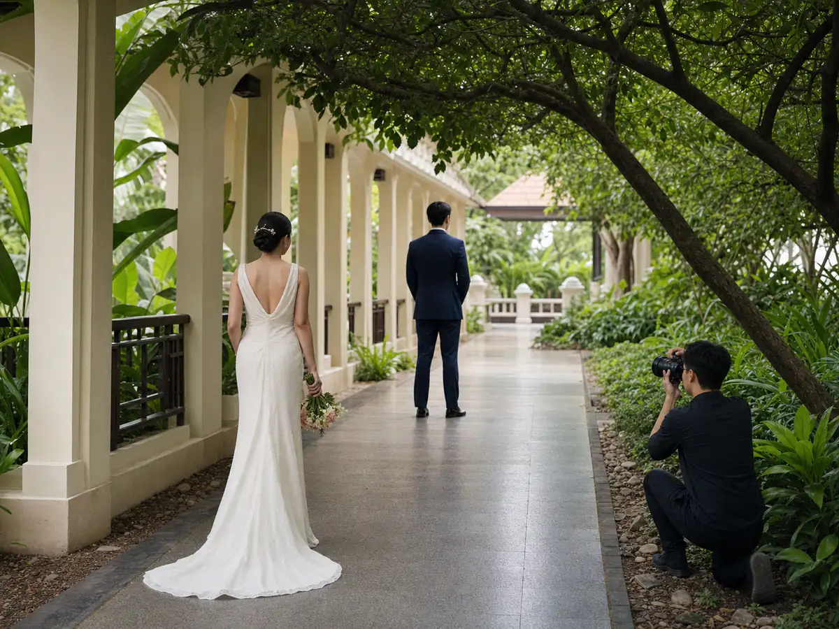 เซ็ตอัพ First Look บนทางเดินสวนส่วนตัว โดยเจ้าบ่าวหันหลังรอ เจ้าสาวเดินเข้าหา และช่างภาพอยู่ด้านข้าง