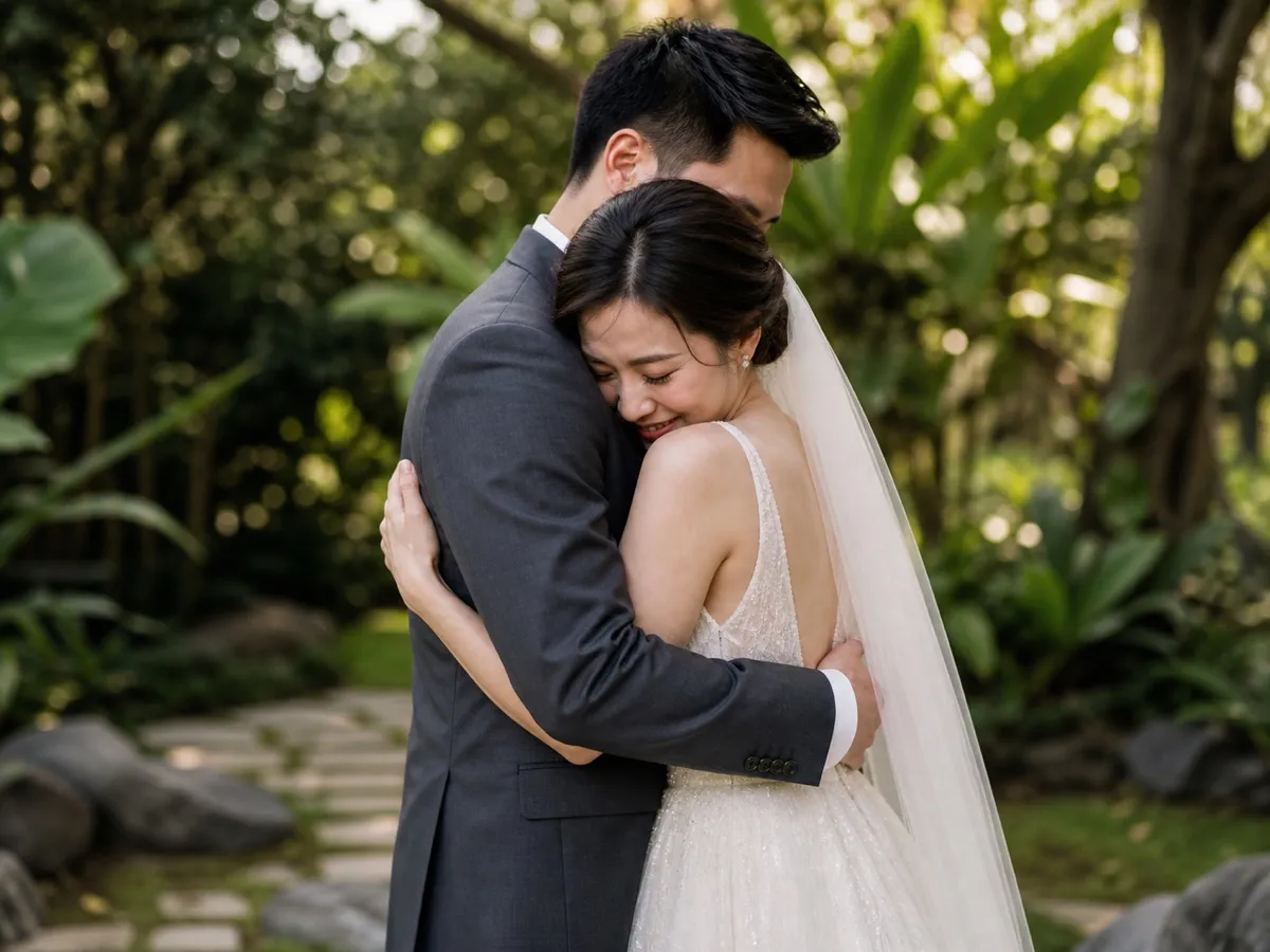 คู่บ่าวสาวกอดกันแน่นในสวนสีเขียว เจ้าสาวหลับตาซบไหล่เจ้าบ่าวอย่างผ่อนคลาย