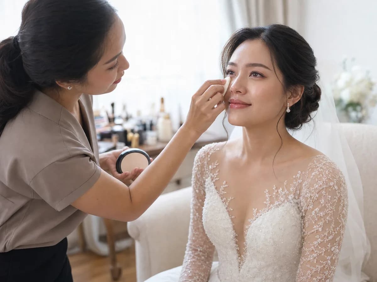 ช่างแต่งหน้าซับใต้ตาและเติมแป้งให้เจ้าสาวในห้องแต่งตัวหลังโมเมนต์ First Look