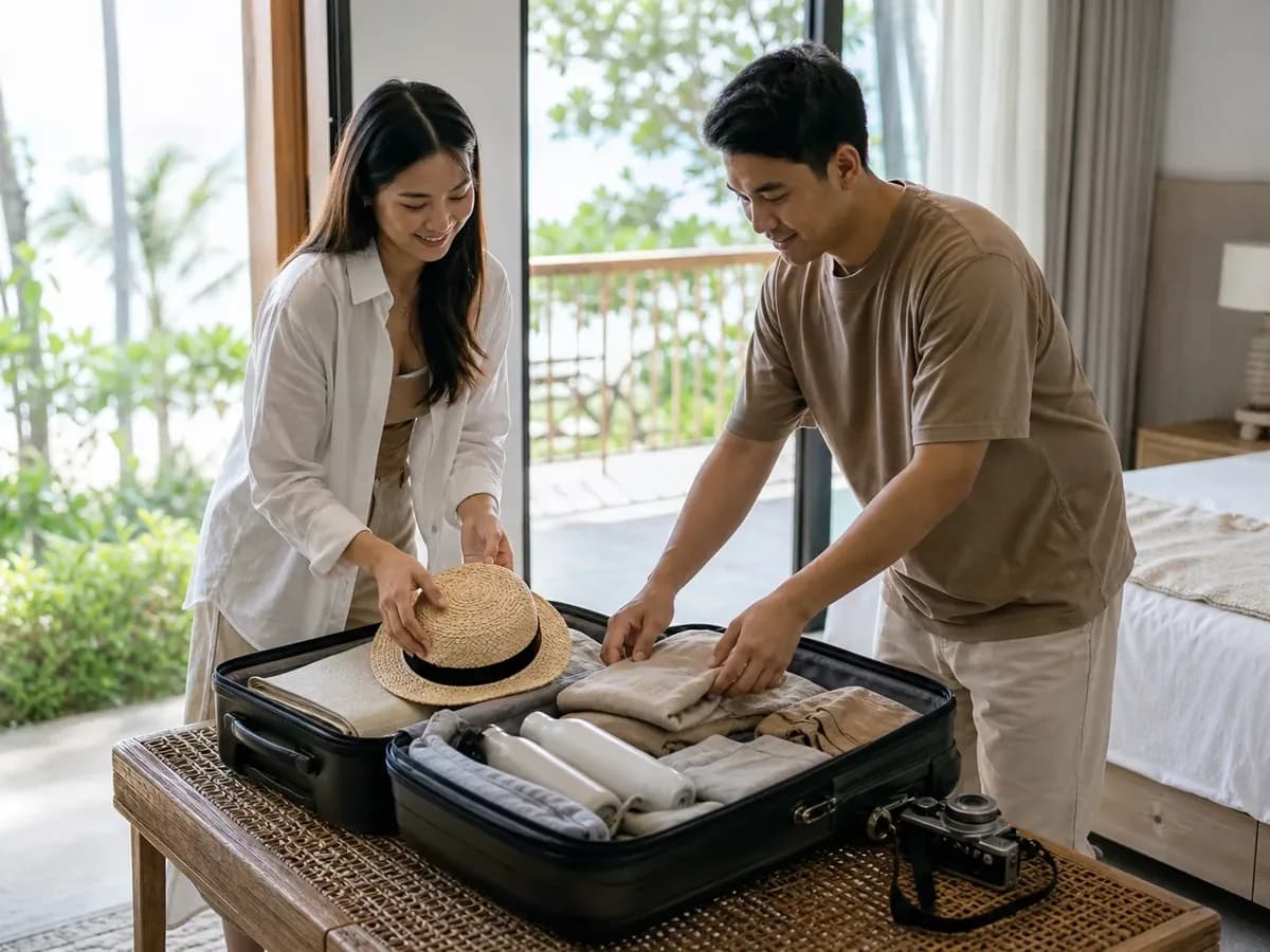 คู่รักช่วยกันจัดกระเป๋าเดินทางบนม้านั่งในห้องพักรีสอร์ต โดยมีหมวกสานวางอยู่ด้านบน