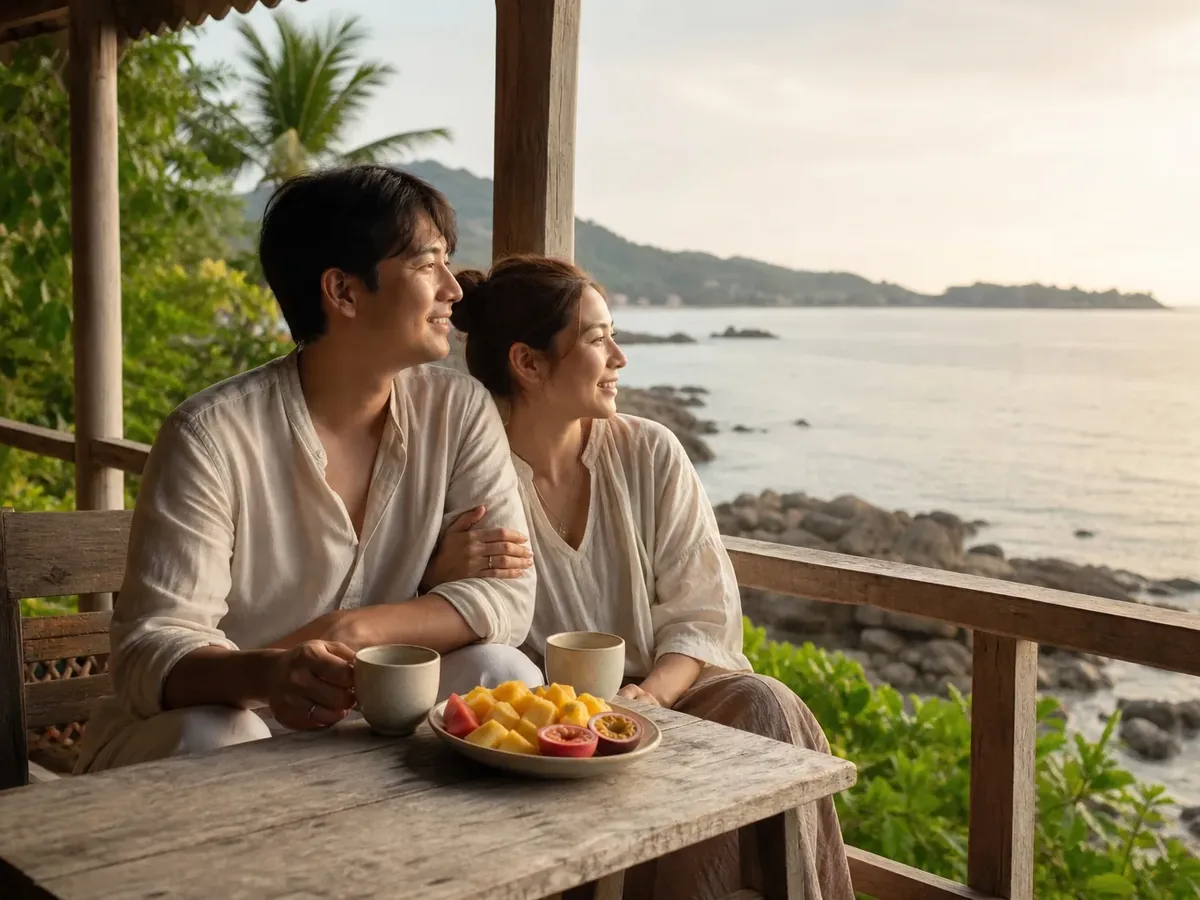คู่รักนั่งจิบกาแฟกับจานผลไม้ที่ระเบียงไม้ มองวิวทะเลและโขดหินยามเช้า