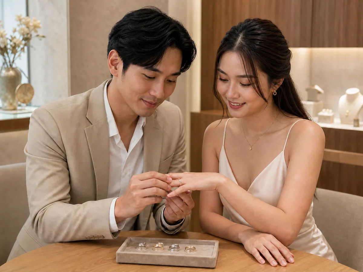 A couple at a jeweller's counter trying rings from a tray of bands together