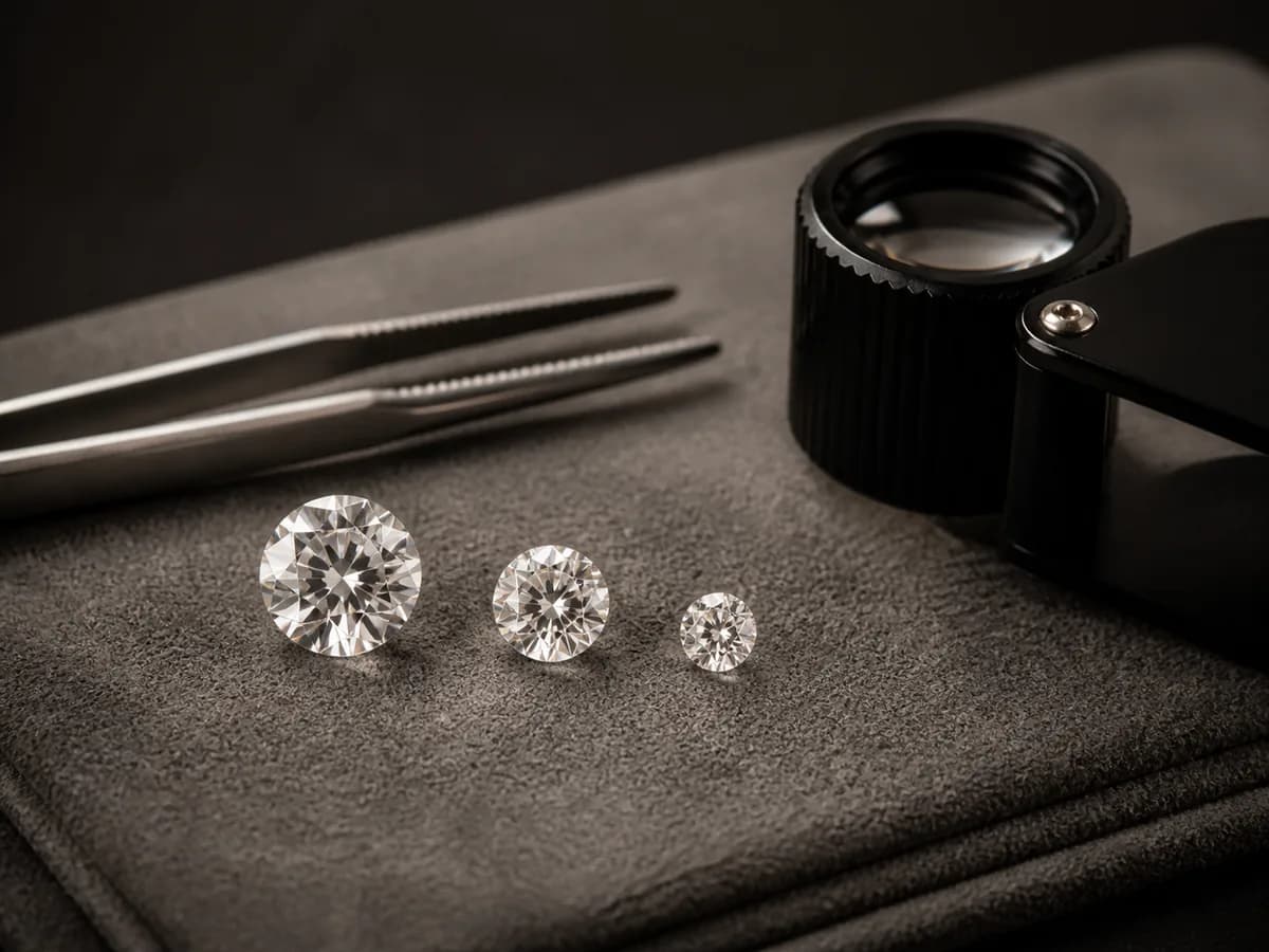 Three loose diamonds of different sizes on grey suede beside tweezers and a jeweller's loupe