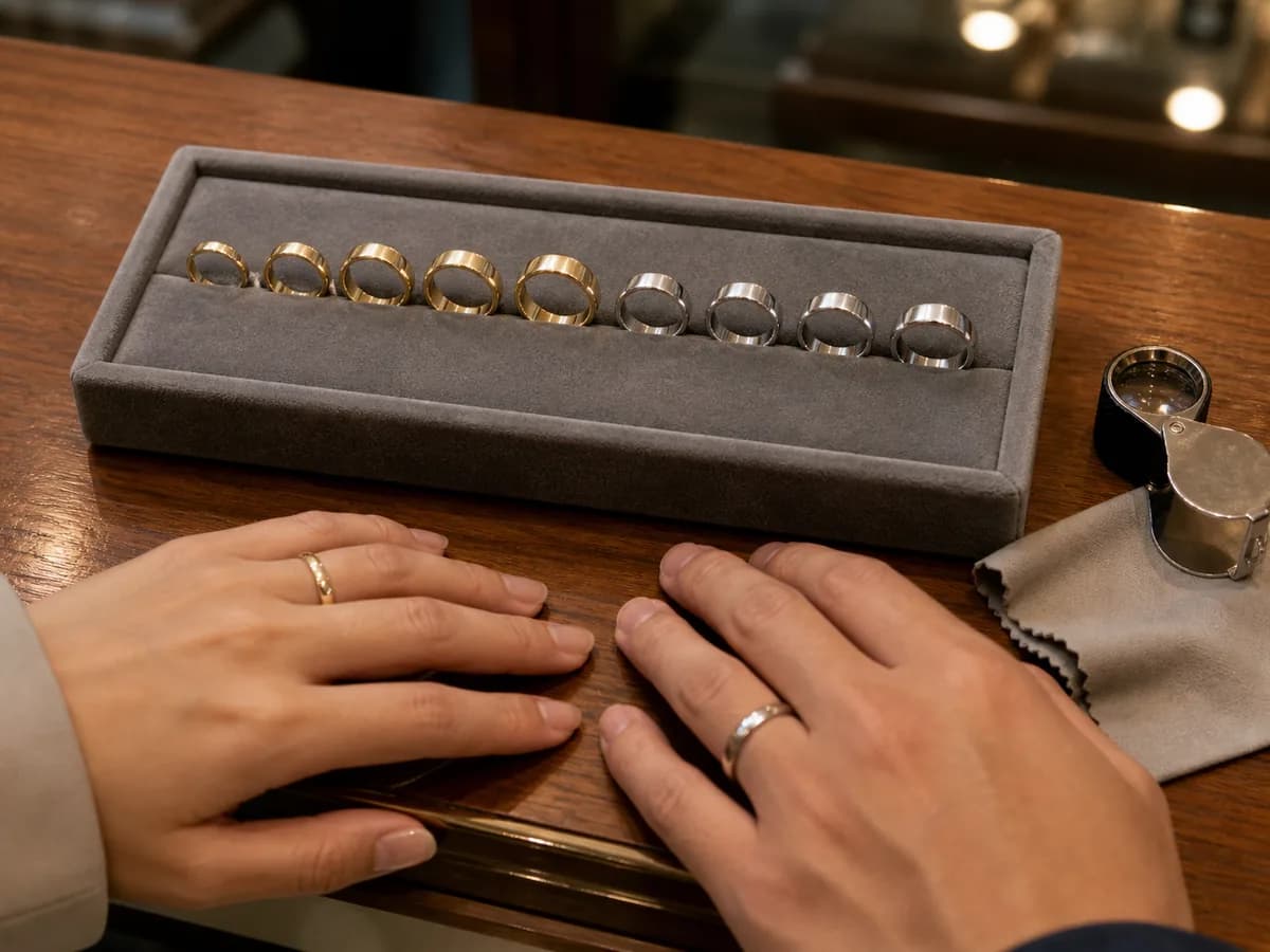 The couple's ringed hands resting above a velvet tray of gold and white gold bands