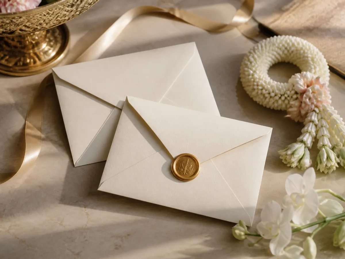 Two cream invitation envelopes closed with gold wax seals beside a jasmine garland and an orchid
