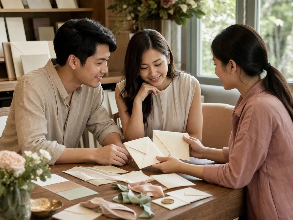 A couple reviewing invitation proofs with a stationer across a wooden table