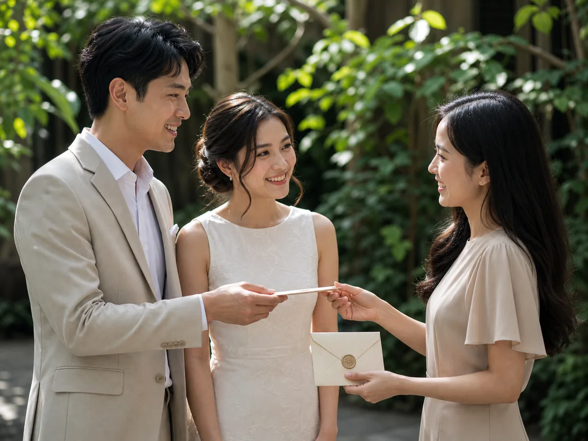A couple handing an invitation to a close friend and asking her to reply