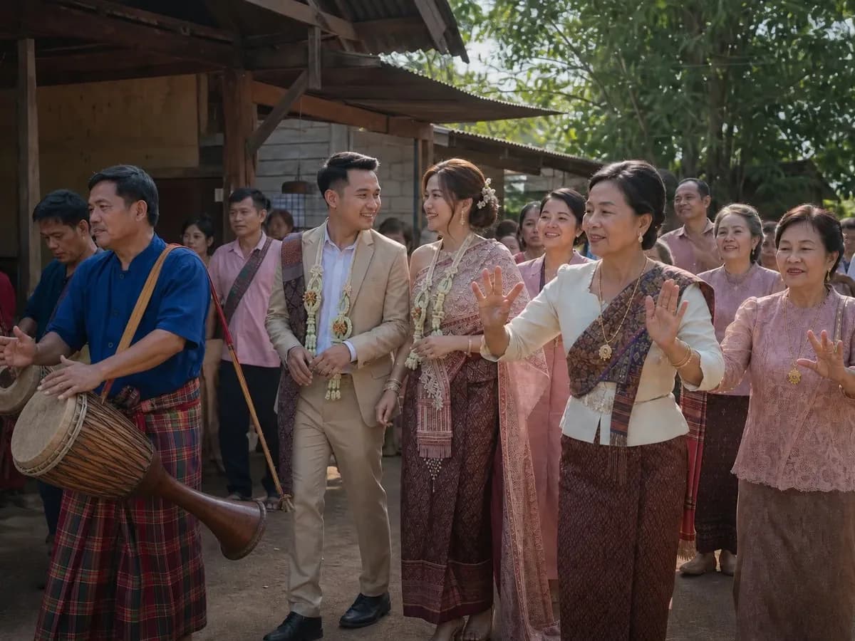 ขบวนแห่ขันหมากอีสานที่มีคนตีกลองยาวนำหน้า บ่าวสาวและญาติเดินฟ้อนรำตามไปที่บ้านเจ้าสาว