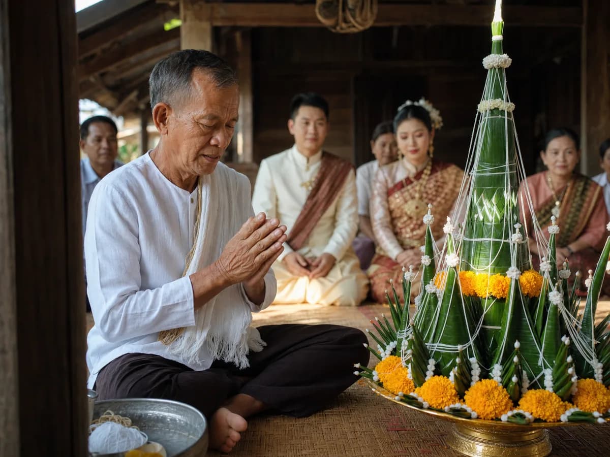หมอสูตรผู้เฒ่านั่งพนมมือสวดเรียกขวัญอยู่ข้างพาขวัญใบตอง