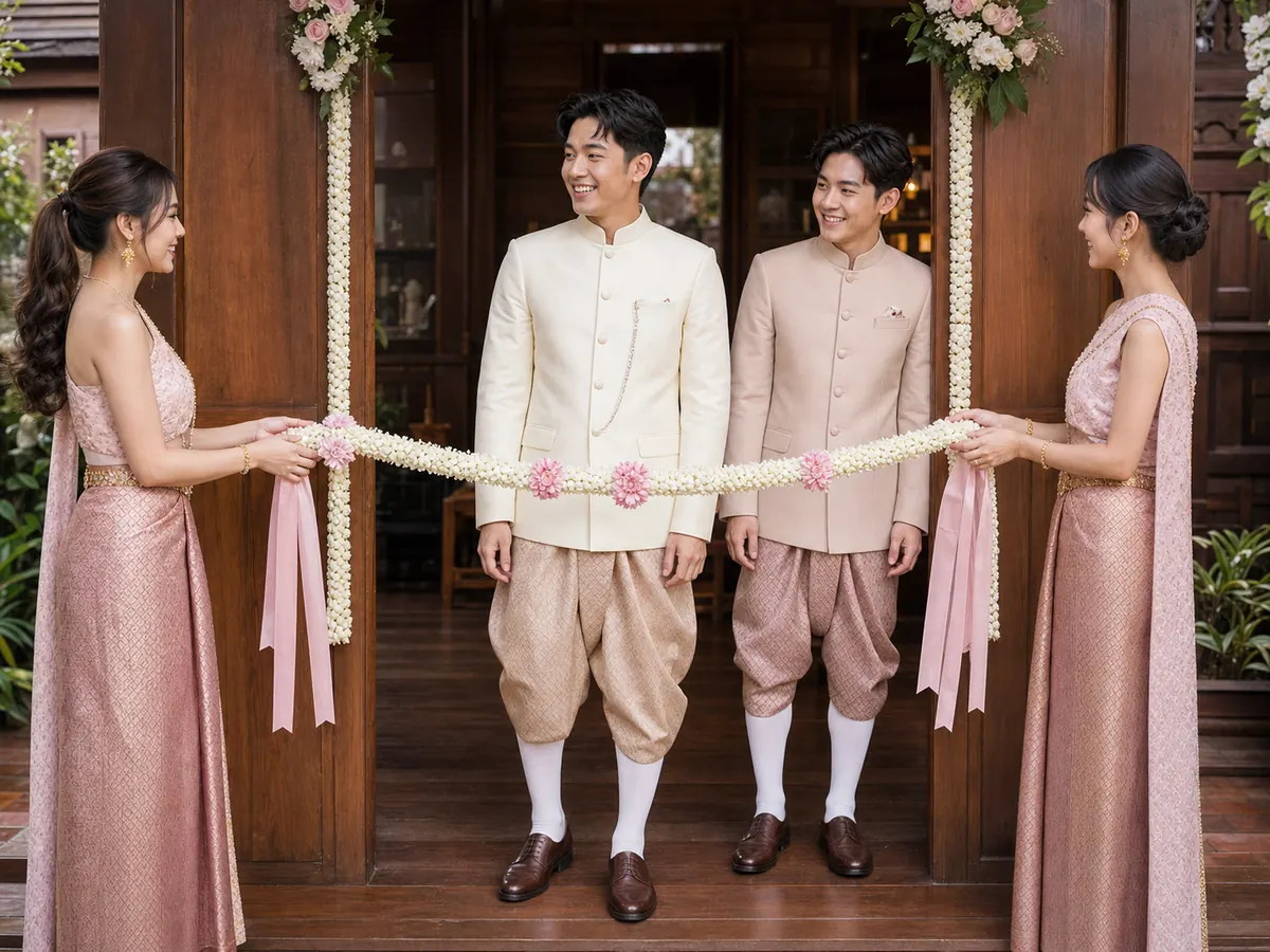Two bridesmaids hold a jasmine gate garland as the groom and his friend approach