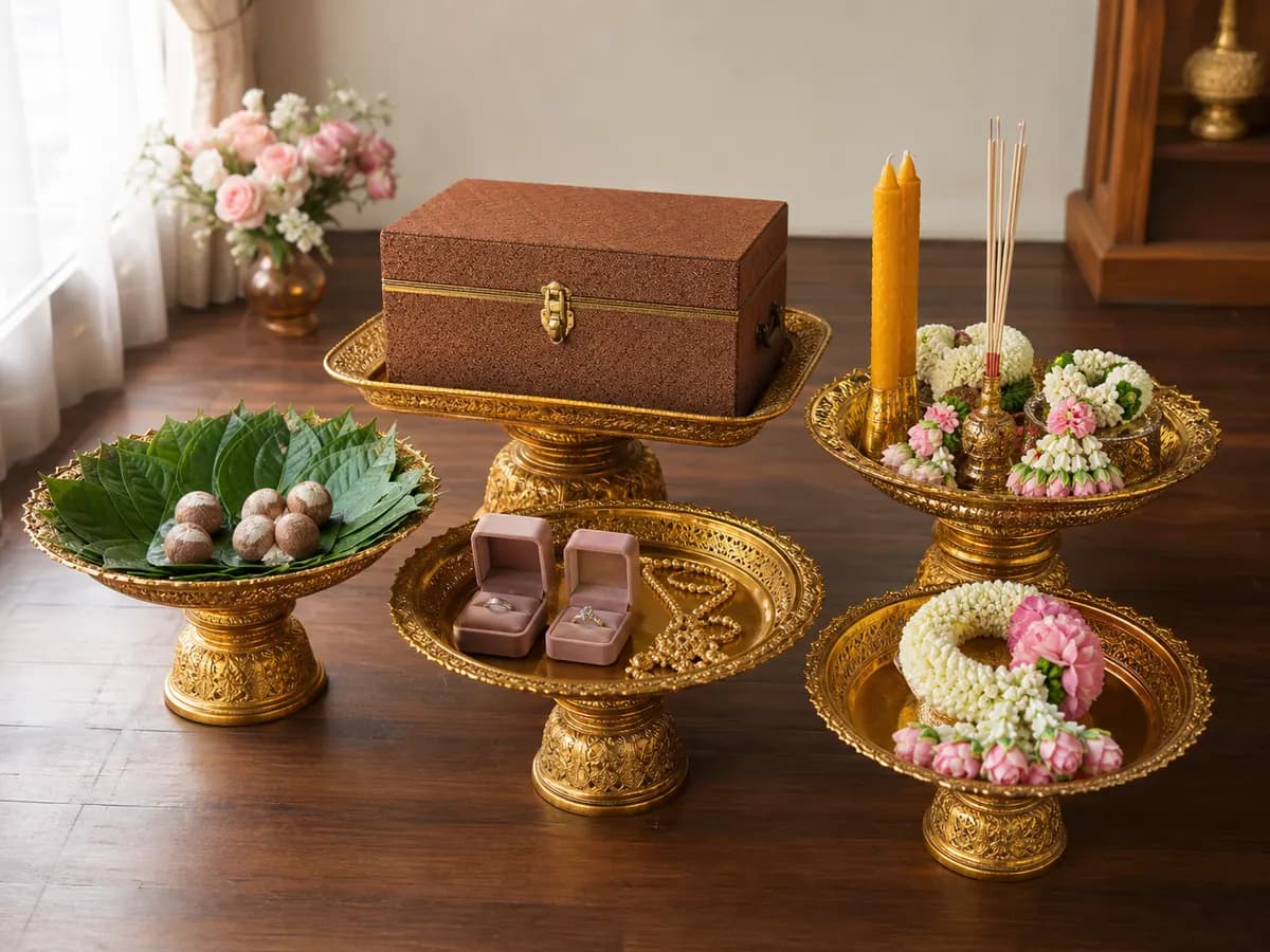 Khan maak ek trays with betel leaves, dowry chest, engagement rings and candle-incense set