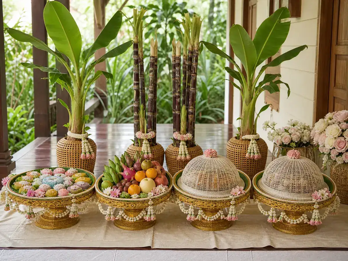 Khan maak tho trays with auspicious sweets, fruit, covered savoury food, banana and sugarcane plants