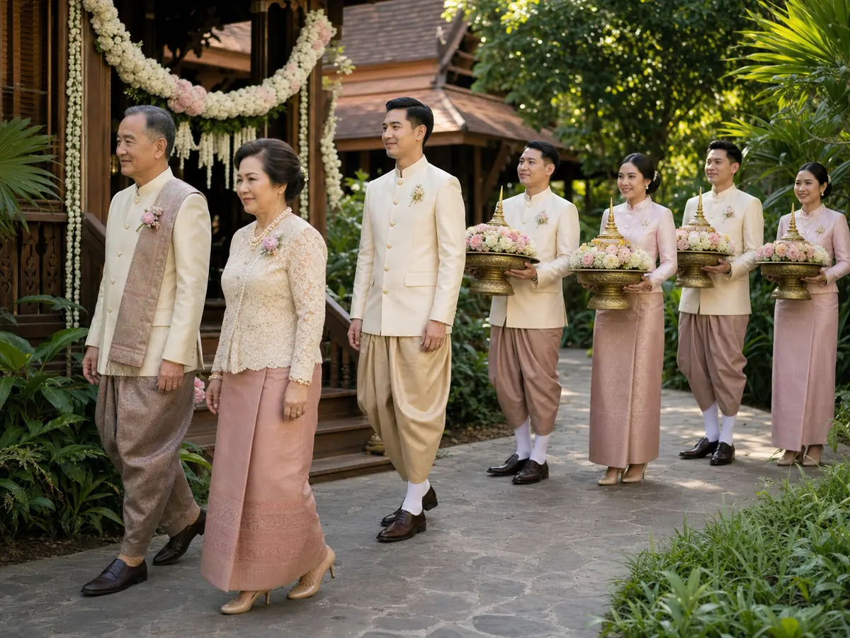 Thai khan maak procession ordered from elder leaders to the groom and paired tray bearers