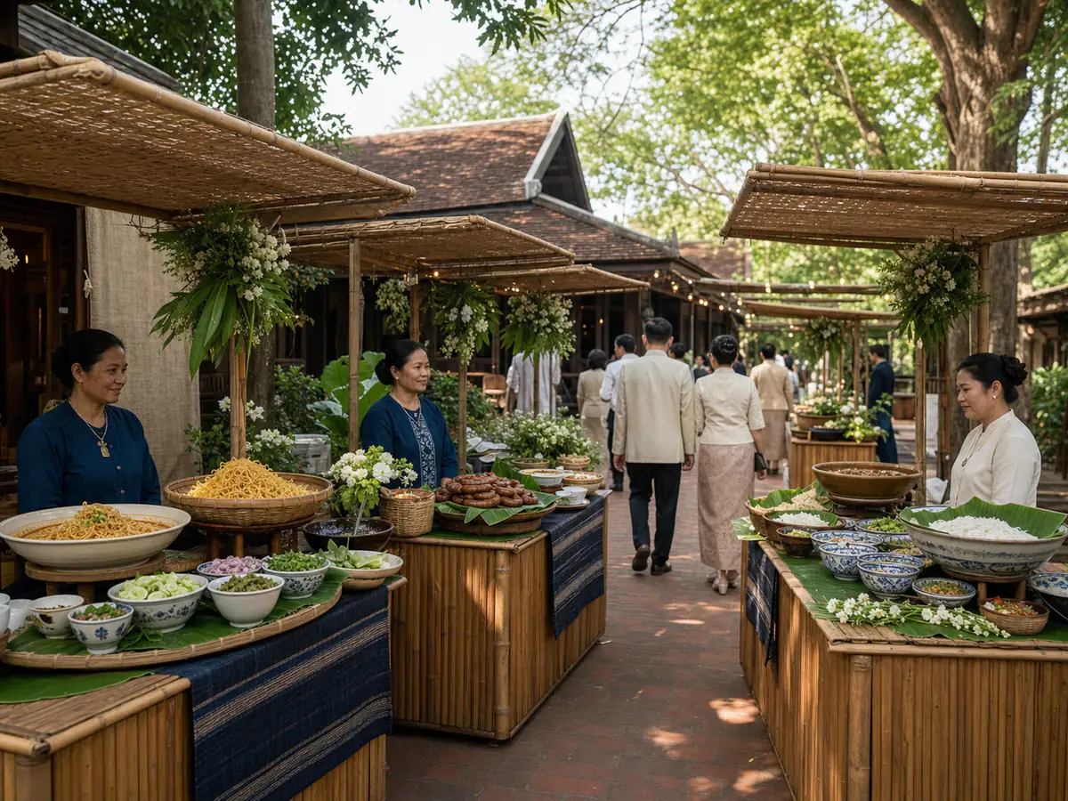 โซนกาดหมั้วในงานแต่งล้านนาที่จัดซุ้มอาหารเหนือด้วยไม้ไผ่และผ้าคราม