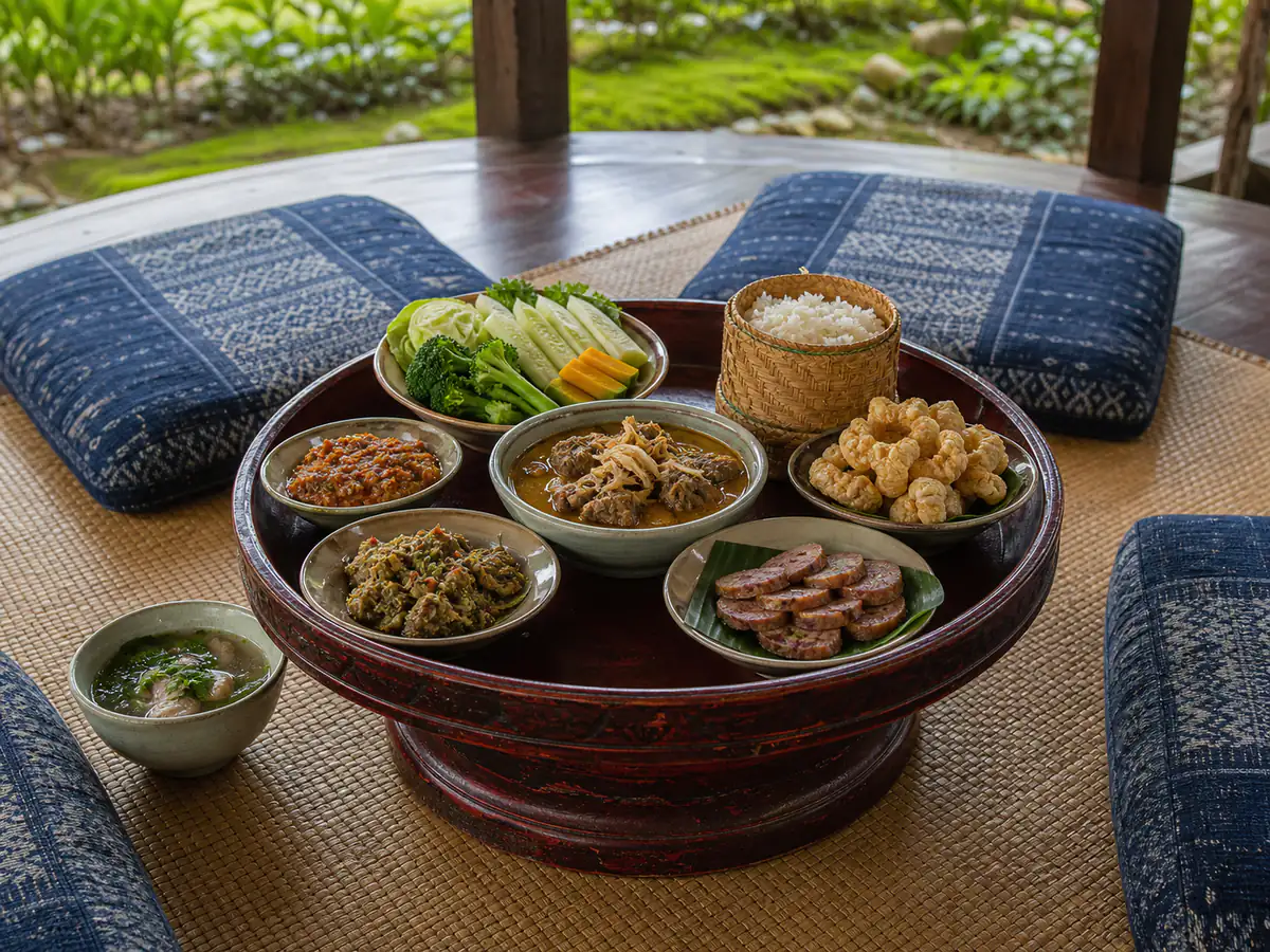 ขันโตกไม้ลงรักจัดอาหารเหนือครบชุดบนเสื่อพร้อมเบาะผ้าคราม