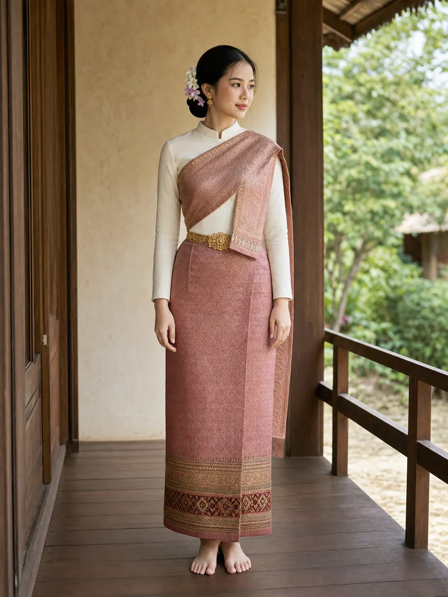 เจ้าสาวล้านนาสวมเสื้อแขนยาว สไบสีโรสโกลด์ และซิ่นตีนจกทอลายละเอียด