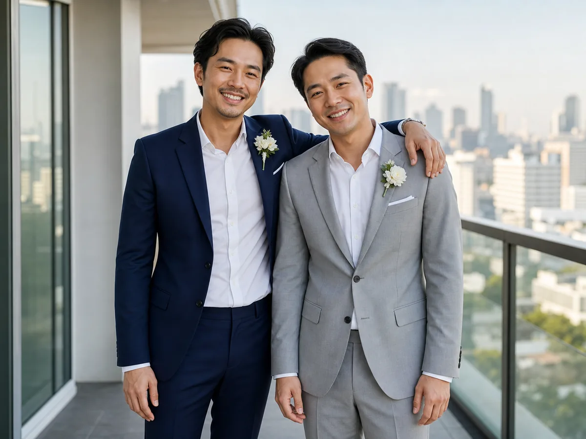 คู่บ่าวสองคนในสูทติดดอกไม้ที่อกยืนเคียงกันบนระเบียงที่มองเห็นเมือง