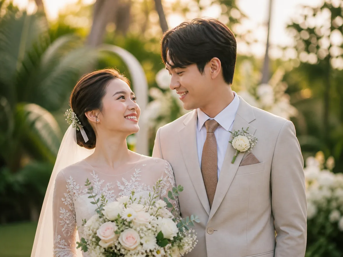 เจ้าบ่าวเจ้าสาวมองหน้ากันและยิ้มอย่างมีความสุขในพิธีของตัวเอง